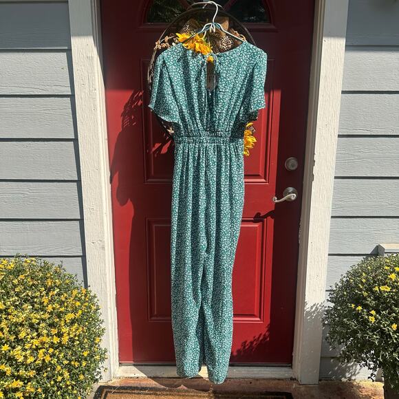 Blue Rain Boho Green Jumpsuit White Floral Print, Flutter Sleeves, XS, EUC - Picture 8 of 15
